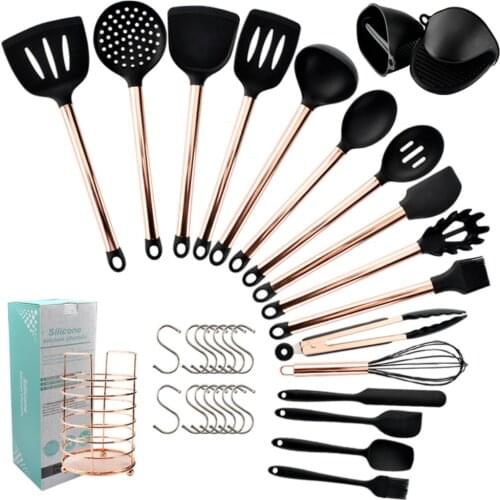 Kitchen Cooking Utensils Set Gold-plated Tube Handle Non-stick Pot Silicone Cookware Household Cooking Spoon Shovel Kit