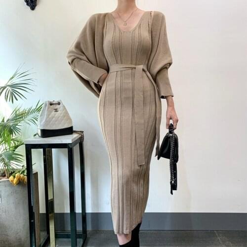 Alien Kitty 2021 New Autumn Ladies Hot Suit Loose Lantern Sleeve Knit Sweater Cardigan V-Neck Fashion Slim Basic Long Dress