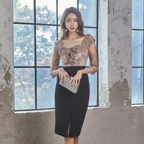 New arrival fashion spring midi dress women OL professional temperament black perspective mesh stitching ruffled pencil dress