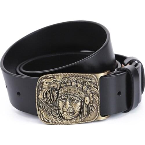 Ta-weo Casual Retro Men Genuine Leather Belts, Stylizing Statue of Liberty Pure Copper Smooth Buckle Belt, 1.5'' Wide
