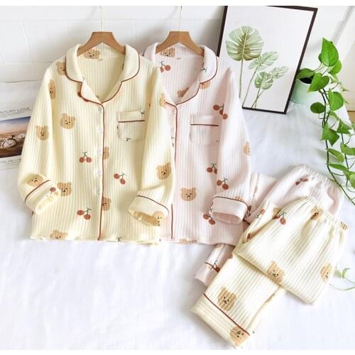Air Cotton 2 Piece Cute Pajamas Suit Long Sleeve Trouser Sleepwear For Women Spring And Autumn Female Loose Casual Home Service