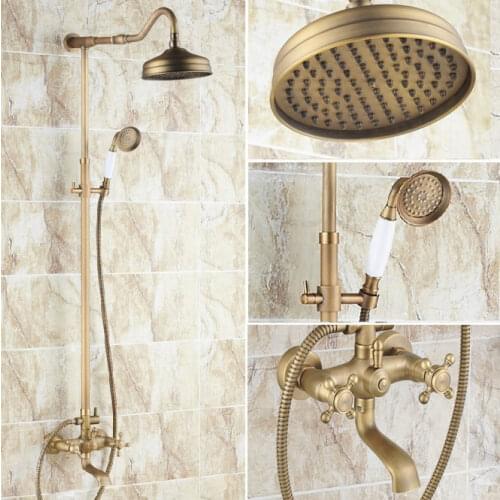 Vintage Retro Antique Brass Dual Cross Handles Bathroom 8 Inch Round Rain Shower Faucet Set Tub Mixer Tap Hand Shower mrs104
