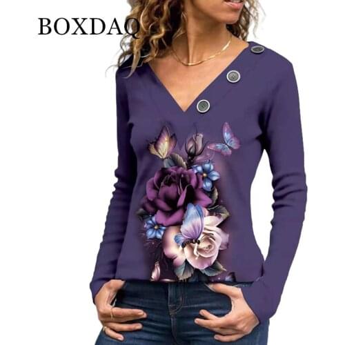 New 2021 Autumn Women Butterfly Flower Print Bohemian Shirt Casual Long Sleeve Blouses Female V-Neck Button Elegant Fashion Tops