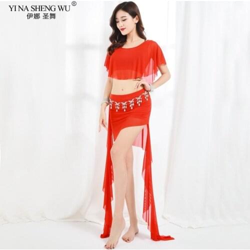 Women Sexy Mesh Oriental Belly Dance Costume Set Top&Skirt Dancer Performance Practice Clothes Suit Lace Irregular Long Skirt
