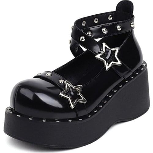 Women Lolita Rivet Belt Buckle Round Toe Sandals Shoes Platform Wedge High Heel Creepers Japanese Harajuku Dark Plus Size