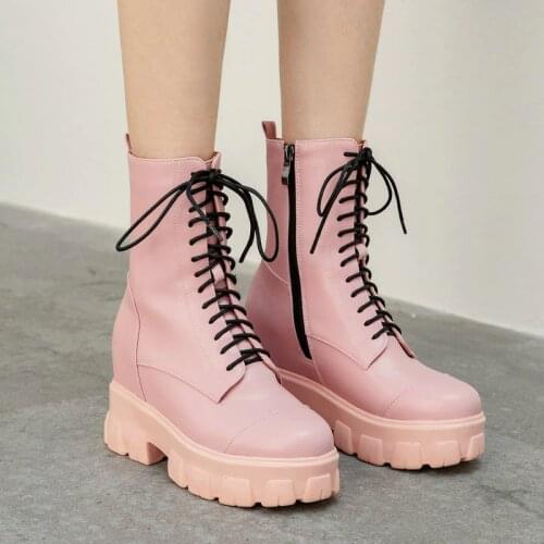 Black White Pink Women Shoes Fashion Platform Boots Height Increasing Ankle Boots Autumn Wintre High Heel Zipper Ladies Boots