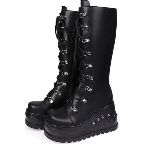 Womens Rivet Studs Knee Thigh Boots Platform Wedge High Heel Punk Motorcycle Shoes Motorcycle Black Plus Size New 2021