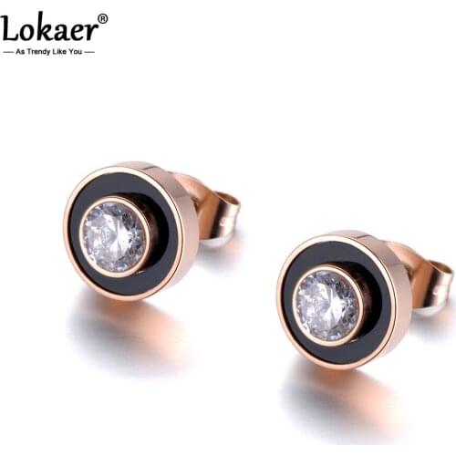 Lokaer Trendy Black Shell Zircon Crystal Stud Earrings For Women Rose Gold Stainless Steel Jewelry Accessories Kolczyki E19001