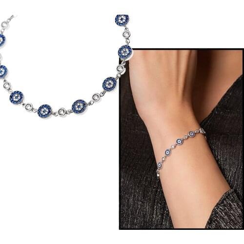 Tesbihane Blue-White Zircon Stone Flower Design Full Tour 925 Sterling Silver Women Bracelet