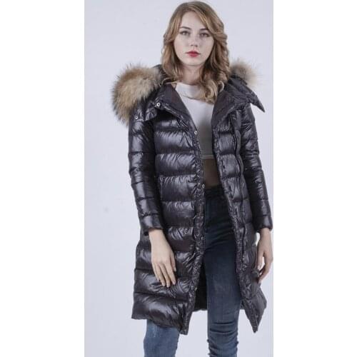 Women down jacket winter long coat with big raccoon fur collar lady thick warm overcoat
