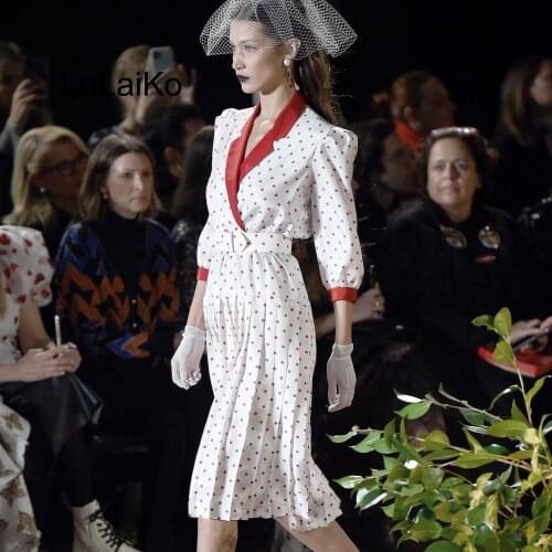Trendy Temperamental Red Polka Dots Contrast V Neck Bubble Sleeve Belt White Satin Dress Women Vintage Runway Party Clothes