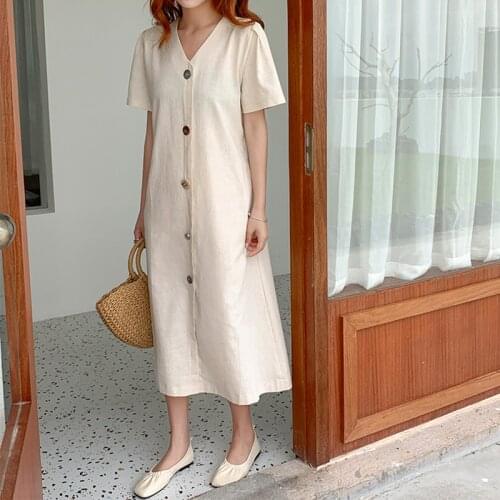 Women Summer Cotton Linen V-neck Long Dress Single-breasted Female Pullover Loose Korean Dress Vestidos Robe Femme Ete 2019