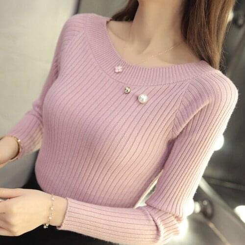 Winter Sweater Women Clothing Long Sleeve Solid Women Sweater Slash Neck Pink Knitted Sweater Women Pullovers Women Tops E501