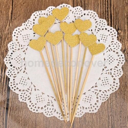 20 Pcs Gold Glitter Heart Cupcake Cake Toppers Pick Wedding Bridal Party