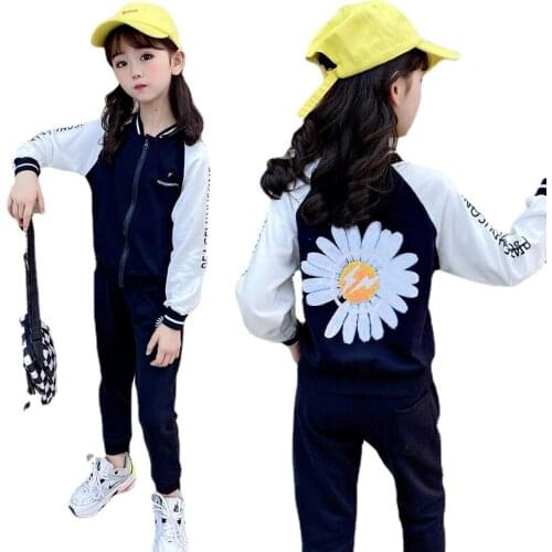 Girls Baseball Uniform Clothing Sets Children Letter Flowers Print Jacket Coat Pant Kids Clothing Autumn Sports Suit Tracksuit