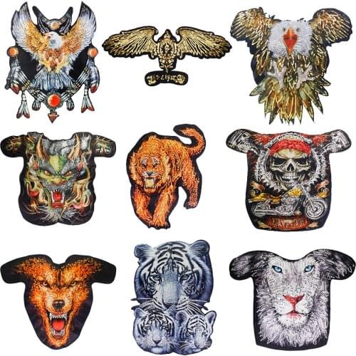 Large Printed Animal Tiger Eagle Lion Skull Applique Sequin Patches for T-Shirt Jacket Decoration Sewing Supplies 2pieces TH2343