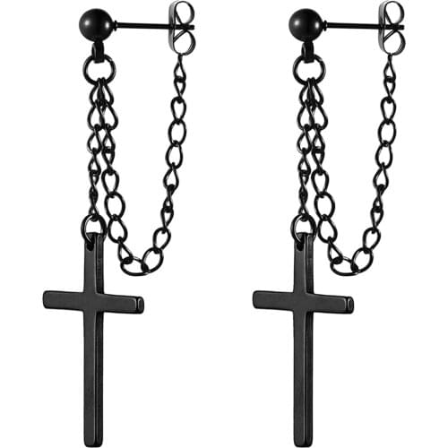 Boniskiss Punk Cool New Arrival 2021 Retro Black Cross Tassel Earrings Chain Pendant Stainless Steel Earring Jewelry Gift