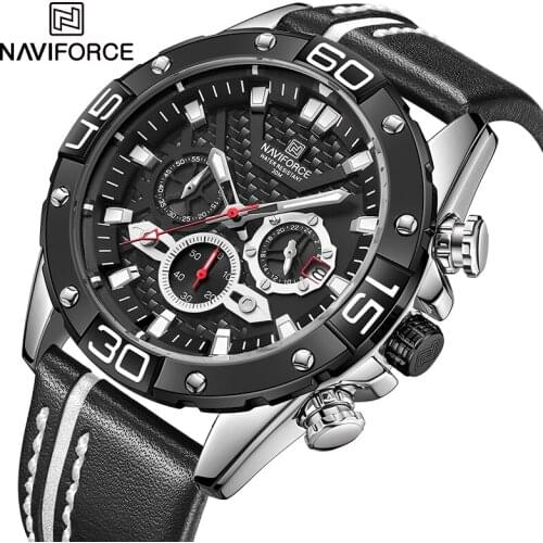 NAVIFORCE Brand Casual Genuine Leather Male Watch Luminous Sport Waterproof Chronograph Wristwatch Quartz Date Relogio Masculino