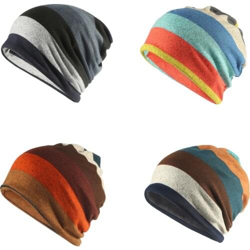 Spring Autumn Thin Beanies Skullies For Women Ladies Striped Scarf Double Used Casual Cotton Hat Winter Warm Plus Velvet Hats