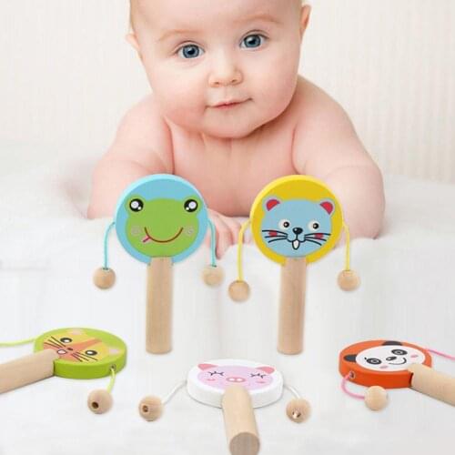 Cartoon Animal Wooden Handheld Musical Rattle Drum Shaker Education Baby Toy
