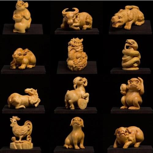 Chinese Zodiac The 12 Year Cycle Boxwood Wood Carving Animals Feng Shui Crafts Miniature Wood Animal Home Ornaments