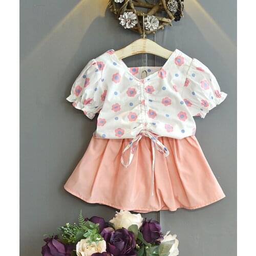 Summer Girls Ruffle Outfits Fashion Korean Little Girls Clothing Set Flower Shirt&skirt 2 Pieces Cute Children Clothes