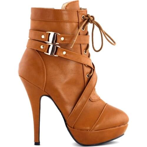 LF30470 Black/Brown Strap Buckles Zip High Heel Platform Ankle Boots