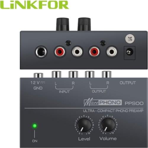 LiNKFOR PP500 Phono Preamp Preamplifier Ultra-compact phono preamplifier RCA In & Out 1/4" TRS Out With Level & Power Adapter