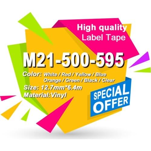 M21-500-595 label tape Vinyl Width 12.7 mm Length 6.4 mm Black on White Green Yellow Red Blue Orange clear BMP21-PLUS BMP21-LAB
