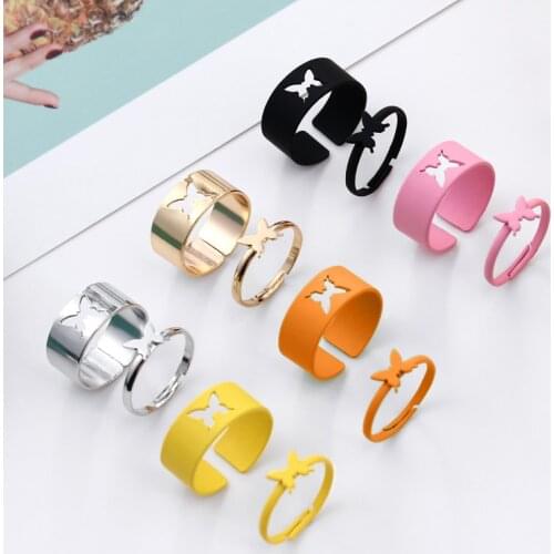 2 Pcs Fashionable Popular Butterfly Ring Couple Alloy Spray Paint Plating Multiple Colour Carved Rings Jewelry Artistic Design