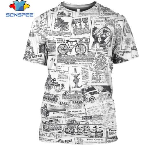 SONSPEE T-shirts Old Newspaper 3D Print Men Women Casual Fashion Hip Hop Funny Short Sleeve Streetwear Vintage Tees Tops Shirt