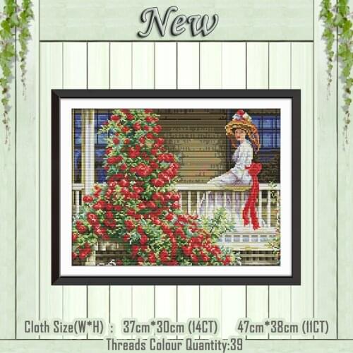 Woman On The Railing flowers diy painting counted print on the canvas DMC 11CT 14CT kits Cross Stitch embroidery needlework Sets