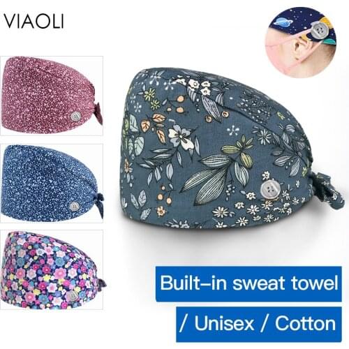 New sweat-absorbent cotton High Quality flower printing Caps Scrubs Cap Breathable Adjustable Elastic size Hat Scrub Cap women