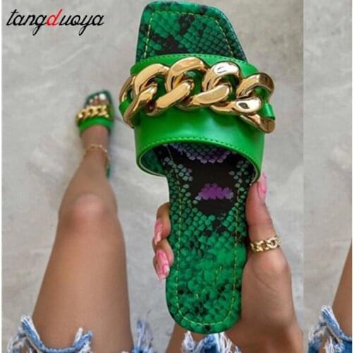 Womens Slippers 2021 Summer Transparent Chain Luxury Square Head Flat Heel Female plus size outdoor beach women slides Sandals