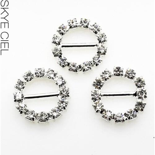 SKYE CIEL Hot sell Offer15mm 10Pcs/Lot Round Crystal Rhinestone Buckle Invitation Ribbon Slider For Wedding Silver Accessories