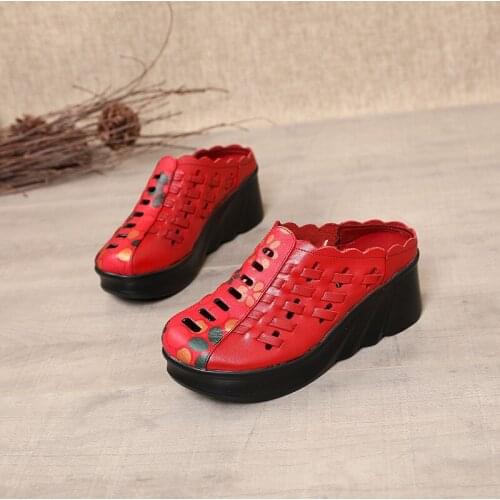 Tilocow Womens Wedges Platfrom Genuine Leather Shoes Woman Hollow Out Print Slippers Female Summer Outside Slides Ladies Shoes