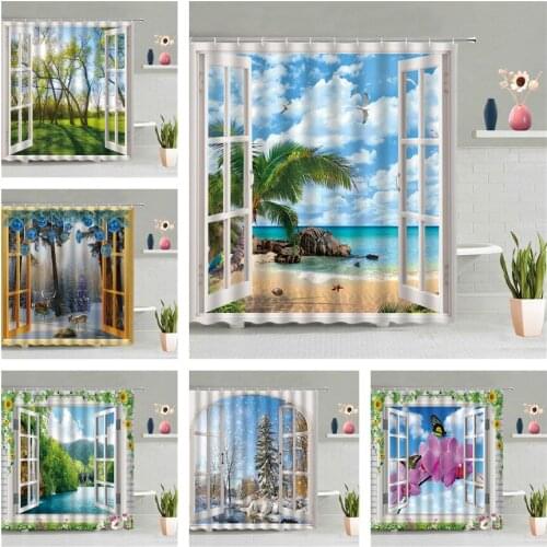 Window Scenery Shower Curtain Ocean Sandy Beach Forest Green Plant Scenic Bathroom Waterproof Wall Hanging Curtains Screen Decor