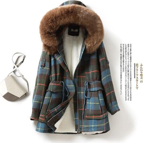 QingWen Winter Jacket Women Warm Hooded Large Fur Collar Mid-length Plush Plaid Waist Cotton-padded Coat Parkas Casaco Feminino
