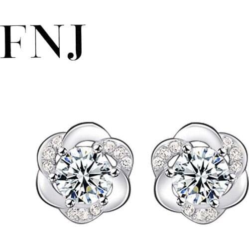 FNJ Plum blossom Earrings 925 Silver Jewelry Original Pure S925 Sterling Silver Stud Earring for Women White Zircon Flower