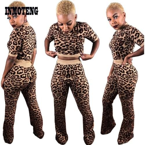 Autumn Hot 2019 Sexy Women Leopard Print 2 Pieces Set Long Wide Leg Pants Ladies O-Neck Short Sleeve Long Jumpsuit Outfits