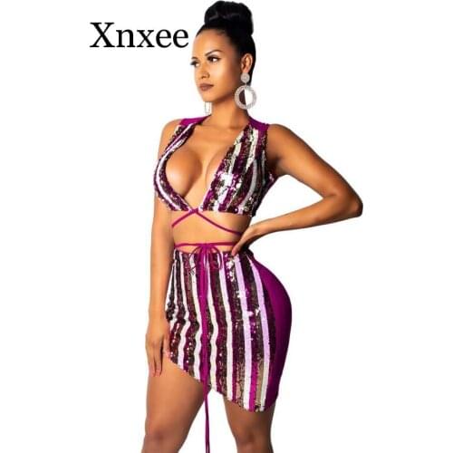 Brazil Set Sexy Rainbow Sequin Striped Two Piece Dresses Women Deep V-neck Sleeveless Lace Up Top And Mini Clubwear Outfits