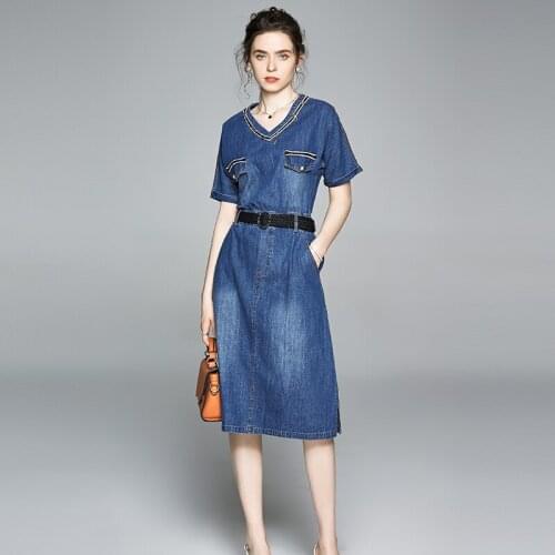Summer Denim Dress Women Short Sleeves V-Neck Office Lady Cotton Jeans Dress Female Beading Sashes Pocket Midi Dresses k6576