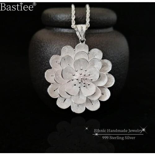 Bastiee 999 Sterling Silver Pendant Women Flower Pendants Necklace Luxury Jewelry Handmade Miao Silver Gifts Girls Jewellery