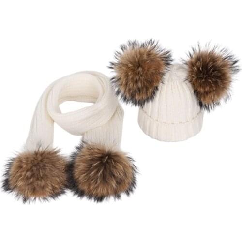 2pcs Women Men Slouchy Beanie Hat Long Scarf Set Winter Warm Fake Ball Dual Pom Pom Neck Scarves H9ED