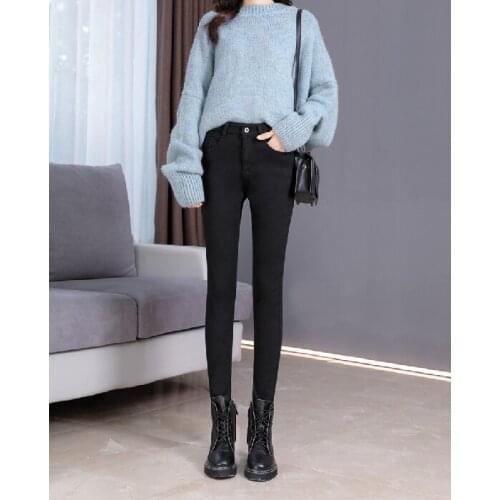 2021 New Winter Plush Warm Skinny High Waist Plus velvet Jeans Black / Blue Pants Plus Size 26-40 Fashionable Casual Mom Pants