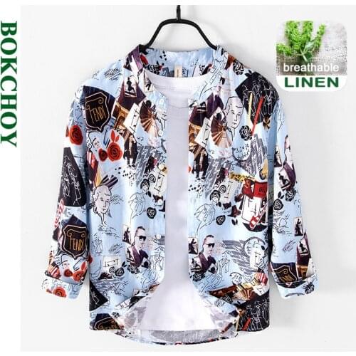 2021 Autumn Winter New Men Ptint Shirts Button Up Long Sleeve Linen Cotton Blend Unique Style Thin Coat GB-L526