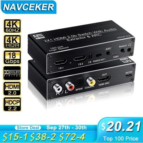 2020 Best 4K 60Hz HDMI Switch 2x1 HDMI 2.0 Switch 2 Port HDMI Switch Remote with Toslink Optical & RCA 4K HDMI Switch Switcher
