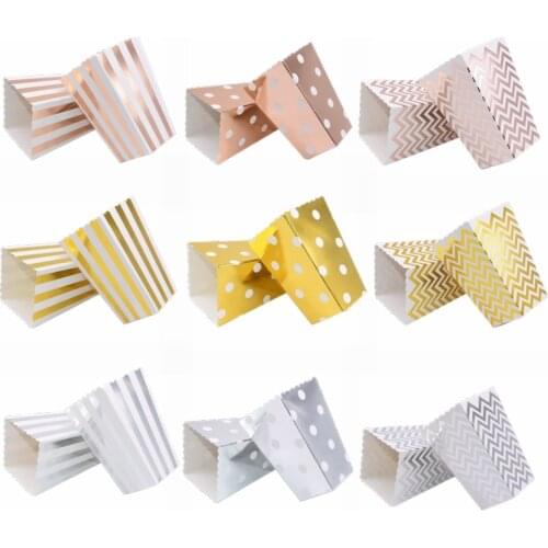 6/12pc Paper Popcorn Box Gold Stripe Boxes Candy Bags Gift Box Snack Favors for Kids Birthday Wedding Party Favors Decor Supplie