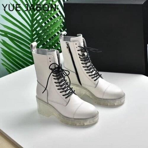 White Women Ankle Boots Work Boots Women Genuine Leather Boots Martens Autumn Botas Mujer Female Comfortable Transparent Sole