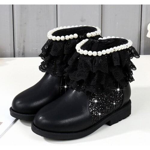 New Kids Girls Princess Boots Winter String Bead Girl Dress Shoe Fashion Mid Calf Children Side Zipper Short Booties Casual Shoe